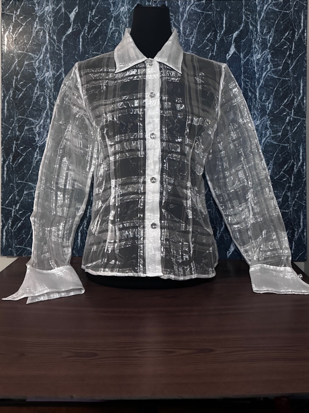 Sheer Organza Blouse Rhinestone Buttons Flared Cuffs | Asian Inspired Elegant